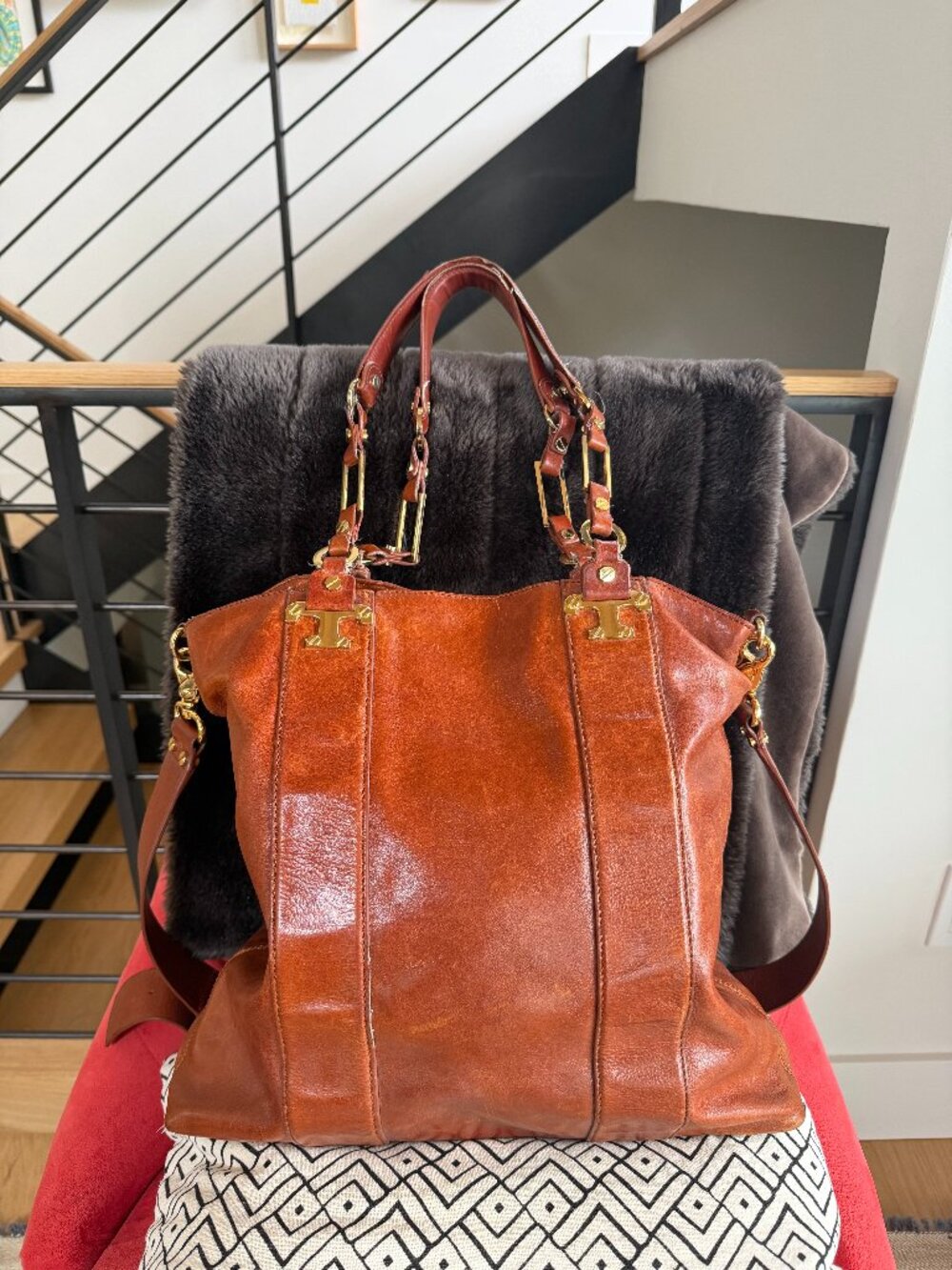 Vintage Tory Burch Cognac Leather Tote Bag, Fits 13" Laptop